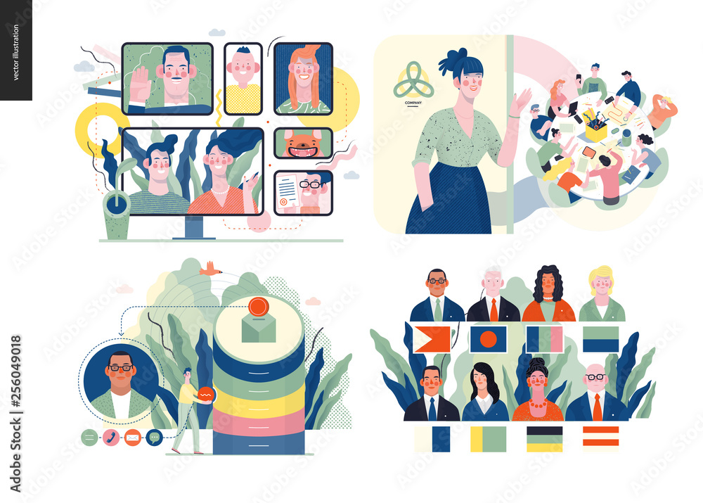 Technology 1 set - modern flat vector concept digital illustration- Video Conferencing Technology, Meet our team, CRM Customer Relationship Management, Political leaders meeting. Creative web template Technology 1 set - modern flat vector concept digital illustration- Video Conferencing Technology, Meet our team, CRM Customer Relationship Management, Political leaders meeting. Creative web template