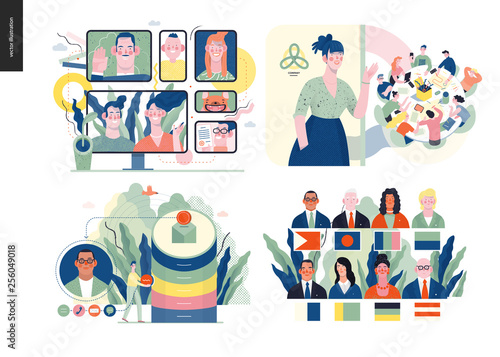 Technology 1 set - modern flat vector concept digital illustration- Video Conferencing Technology, Meet our team, CRM Customer Relationship Management, Political leaders meeting. Creative web template