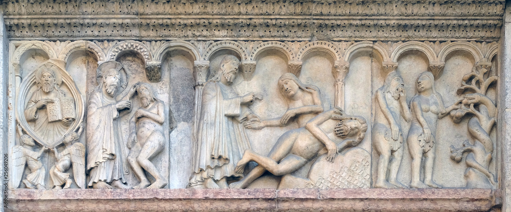 Creation Of Adam and Eve, Temptation relief by Wiligelmo, Modena Cathedral, Italy