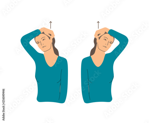 Vector colorful illustration. Neck exercises by girl for relax. Put your finger behind the ear and pull the head up. Creative concept. Blue and grey colors. White background