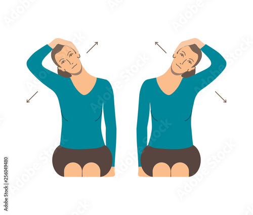 Vector colorful illustration. Neck exercises by girl for relax. Tilt head to the shoulder. Pull head in the opposite direction. Creative concept. Blue and grey colors. White background