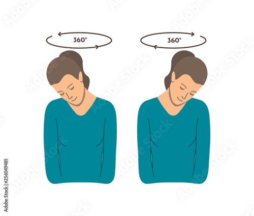 Vector colorful illustration. Neck exercises by girl for relax. Head rotation in different directions. Creative concept. Blue and grey colors. White background