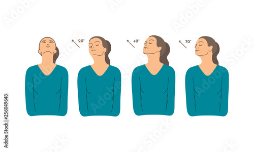 Vector colorful illustration. Neck exercises by girl for relax. Work with head. Turn and fix neck position. Creative concept. Blue and grey colors. White background