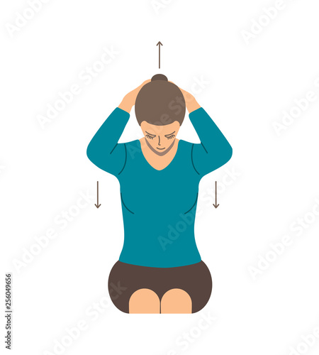 Vector colorful illustration. Neck exercises by girl for relax. Tilt head. Lower down this by hand but pull your head up. Creative concept. Blue and grey colors. White background