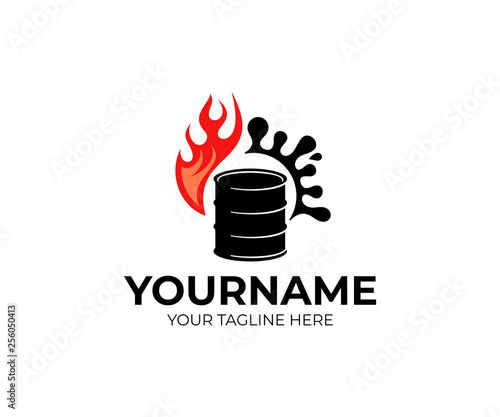 Barrel of oil, fire and splash of oil, logo design. Industry, mining, production and transportation of oil and fuel, vector design and illustration