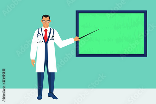 Doctor in suit with pointer in hand, with empty board presentation. Template for trainings, reports, chart. Space for promotion, advertising. Vector illustration in flat style