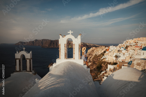 Santorini greece famous Oia in sunset time golden hour 