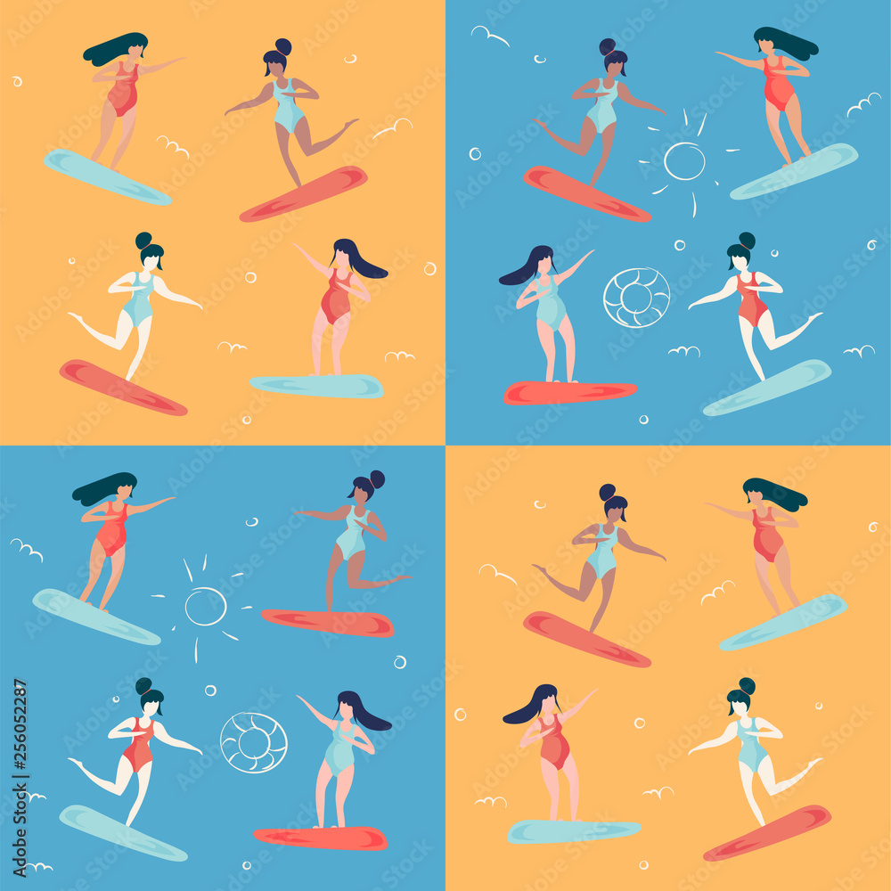 Trendy pop art vintage style vector seamless pattern illustration for summer beach holidays promotion: surfer women or surfing wave girl. Sea season and Beach vacations concept.