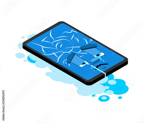 Sick phone Broken smartphone cracked screen isolated. Vector illustration