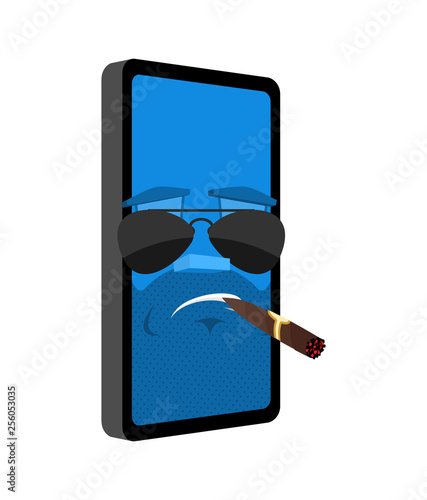 Brutal Phone Serious isolated. Smartphone with cigar emoji Cartoon Style. Male Gadget Vector