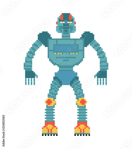 Robot pixel art. Cyborg 8 bit style. Old game graphics