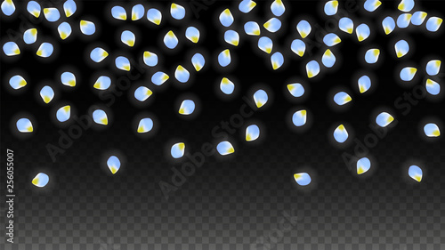 Vector Realistic Blue Petals Falling on Transparent Background.  Spring Romantic Flowers Illustration. Flying Petals. Sakura Spa Design. Blossom Confetti.