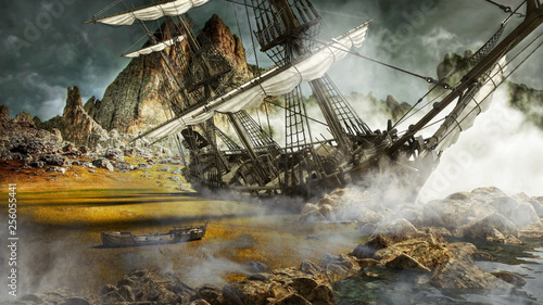 Beached pirate ship in a mystical scenic land. 3d rendering photo