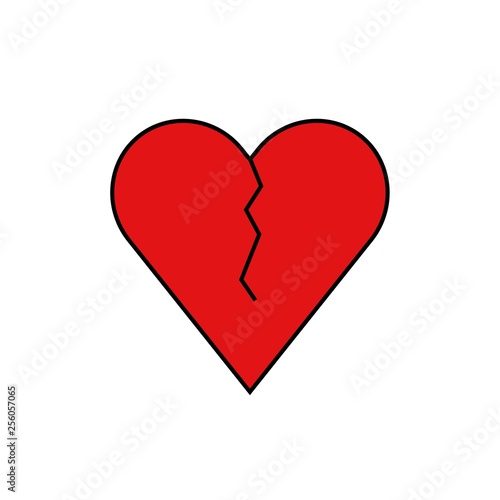 Red heartbreak with black stroke. Broken heart or divorce flat vector icon for apps and websites .Vector illustration.