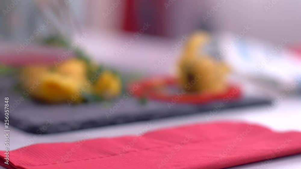 Developing a delicious omelet. Beautifully decorated plateau. Slow motion Developing a delicious omelet. Beautifully decorated plateau. Slow motion