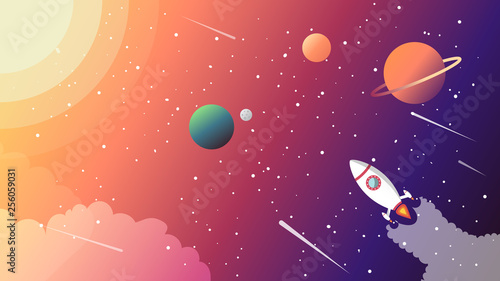 Conquest of Space. Vector illustration. Flat style. Simple wallpaper. Galaxy, star, planets and shuttle.