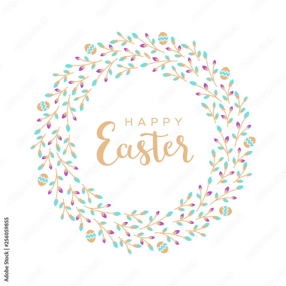 Easter wreath with Easter eggs, flowers, leaves and branches on white background. Decorative frame with gold elements. Unique design for your greeting cards. Vector illustration in modern style.