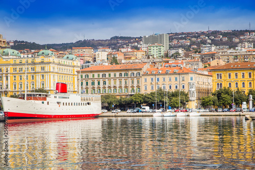 Croatia, City center of Rijeka, waterfront, boats and architecture panoramic view