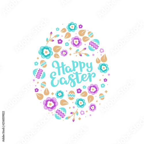 Happy Easter greeting card. Stylized easter egg from colorful leaves and flowers on a white background