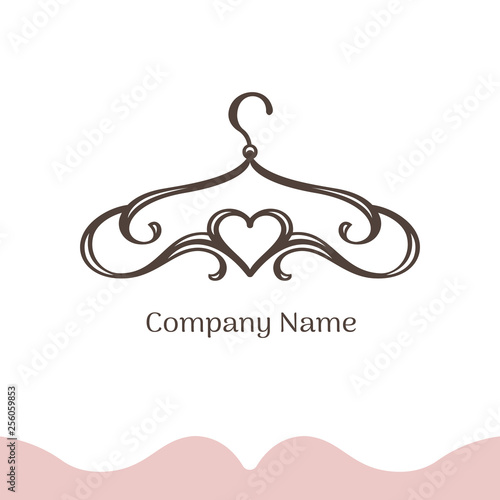 Logo for wedding boutique, women's dress shop, atelier. Vector template of the brand for the fashion designer. Vintage silhouette of a hanger made from lines and heart