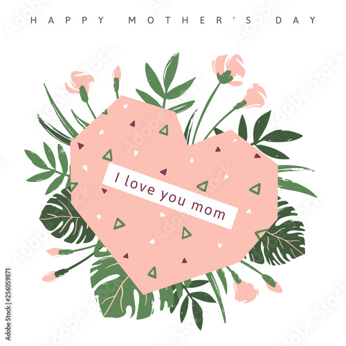 Happy Mother's Day greeting card. Pink heart with geometric pattern on tropical leaves and flowers background