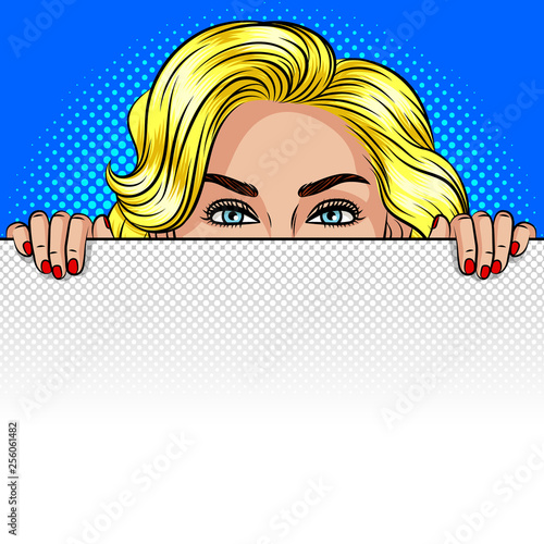 Color vector pop art style illustration of a girl peeking from behind a white sheet. A woman is hiding behind a white board. A beautiful girl is holding a poster with empty space for text.
