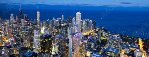 Aerial view of Chicago skyline by night