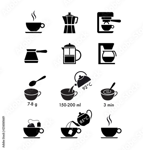 Set of methods of brewing coffee and tea. A set of icons ready to use in your design. Vector elements isolated on white background. EPS10.
