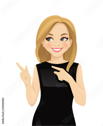 Surprised elegant business woman pointing away isolated vector illustration