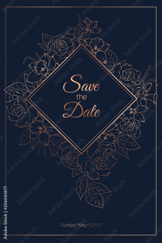 Save the date spring floral wedding marriage invitation card frame template. Rose peony daffodil narcissus flowers. Save the date spring floral wedding marriage invitation card frame template. Rose peony daffodil narcissus flowers.
