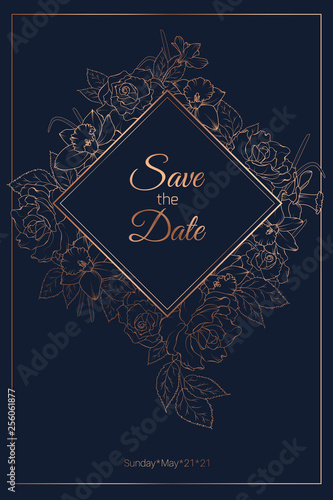 Save the date spring floral wedding marriage invitation card frame template. Rose peony daffodil narcissus flowers.