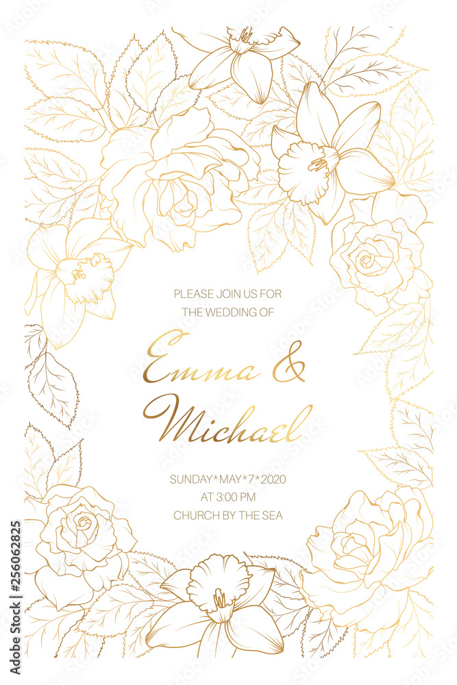 Wedding marriage event invitation card template. Rose peony daffodil narcissus flowers. Copper gold shiny outline.