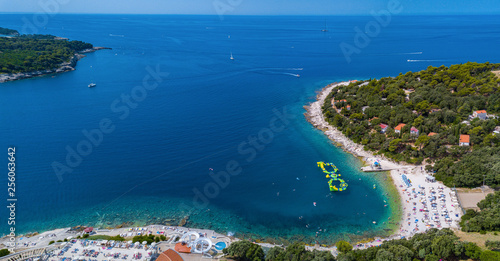 Aerial drone shot of Verudela bay near Pula, Croatia. A popular touristic destination.