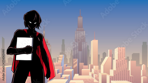 Superheroine Holding Book in City Silhouette