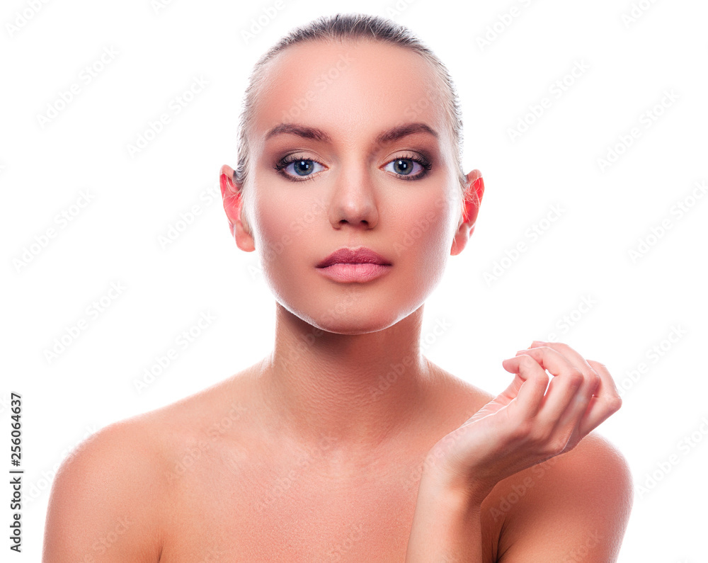 Pretty girl with clean and fresh skin. Skin care concept. Isolated on white background Pretty girl with clean and fresh skin. Skin care concept. Isolated on white background