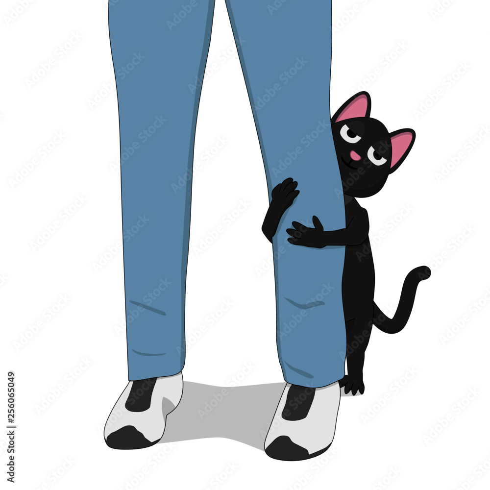 Gray cat hugs the leg of a man. Cute cartoon cat and his friend. Stock  Vector | Adobe Stock