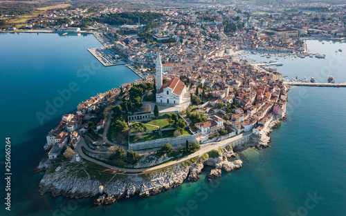 Aerial shot of an old Croatian coastal town Rovinj. Located on the western coast of the Istrian peninsula, it is a popular tourist resort and an active fishing port