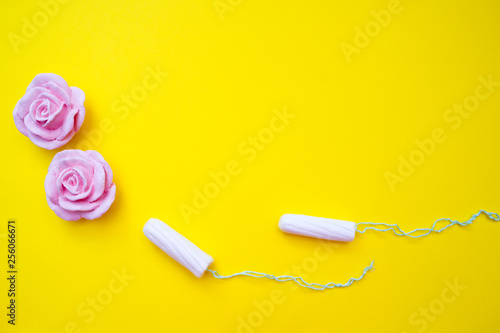 Menstrual concept. Feminine hygiene. Cotton tampons. Copy space