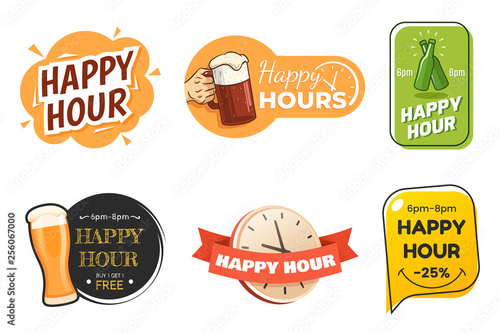 Happy hour banner collection. Colorful badges in different styles