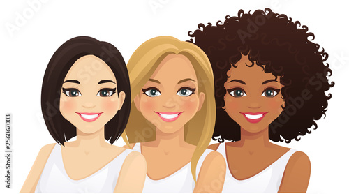 Multiethnic women. Three different female faces. Asian, african and caucasian isolated vector illustration