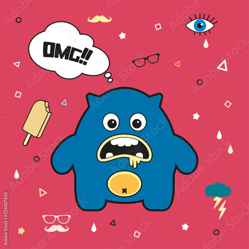 Cartoon monster. Vector Halloween furry monster. Surprised Monster
