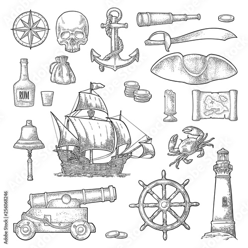 Set pirate adventure. Vector color vintage engraving