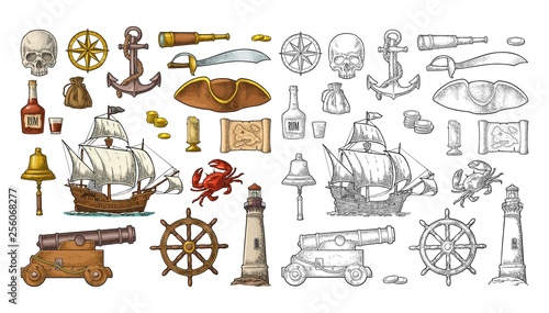 Set pirate adventure. Vector color vintage engraving
