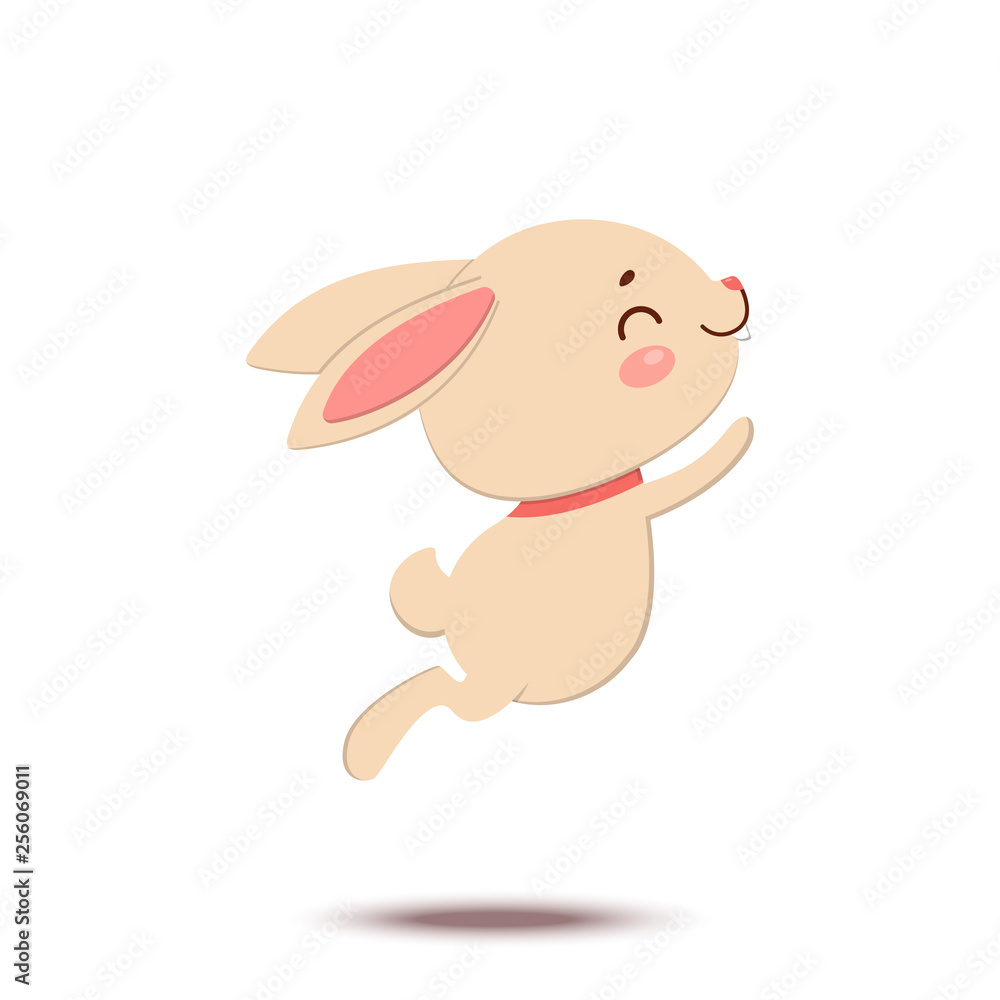 A cute cartoon bunny in a red bow tie is jumping and smiling. Isolated on white background