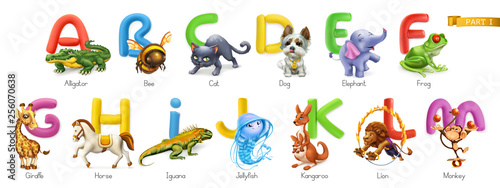 Zoo alphabet. Funny animals, 3d vector icons set. Letters A - M Part 1. Alligator, bee, cat, dog, elephant, frog, giraffe, horse, iguana, jellyfish, kangaroo, lion, monkey. © Natis