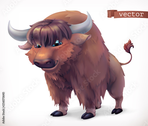 Yak, buffalo cartoon character. Funny animal, 3d vector icon