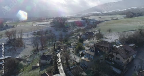 Gorgier farm and land by snowfall - Aerial 4K photo