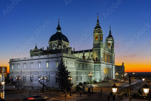 Amazing Sunset view of Almudena Cathedral in City of Madrid, Spain © hdesislava