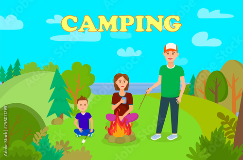 Family Camping Cartoon Postcard with Lettering