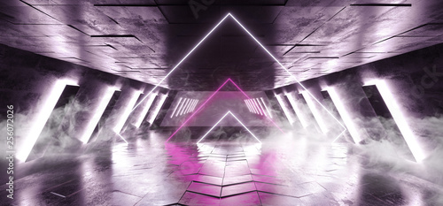Smoke Fog Smoke Fog Neon Glowing Triangle Shaped Sci Fi Futuristic Club Dance Retro Alien Spaceship Corridor Tunnel White Purple On Tiled Reflective Grunge Concrete Hall Room Empty 3D Rendering